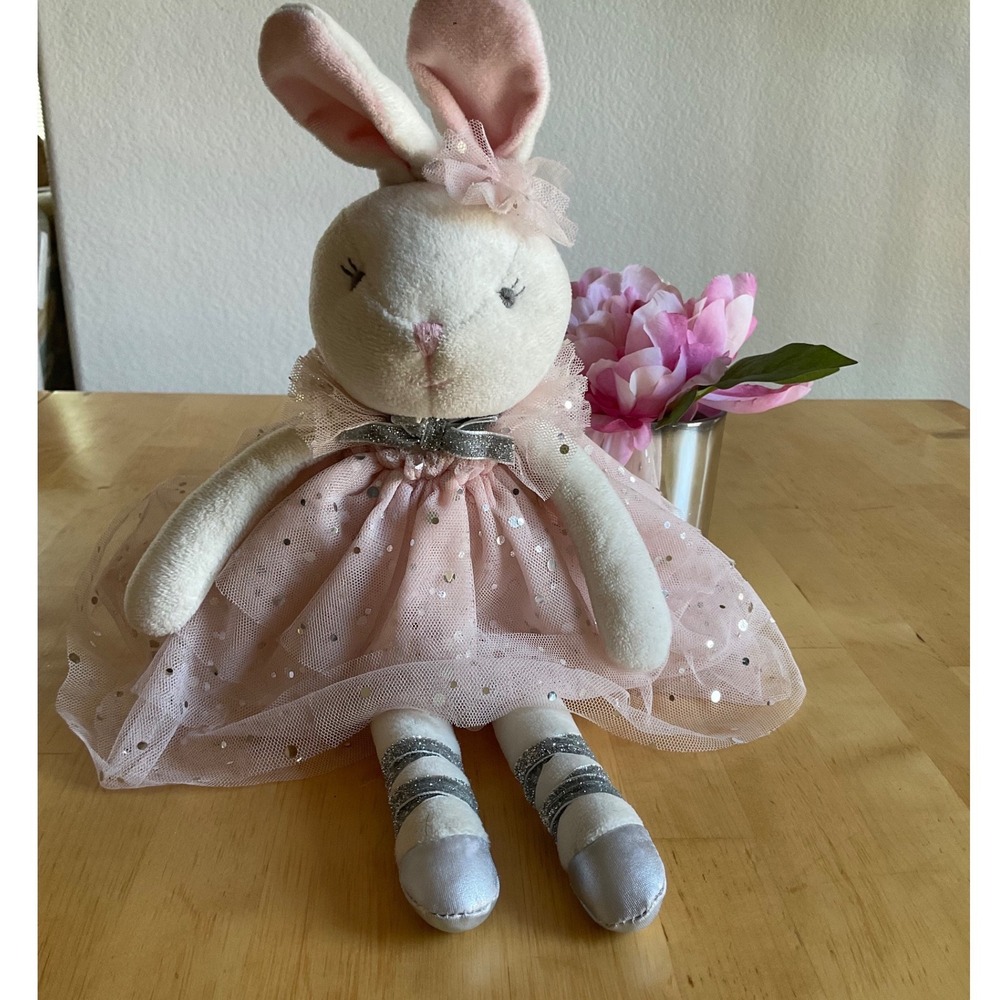Stephen Joseph Pink Ballerina Bunny Plush Stuffed Animal Doll Silver Sequins